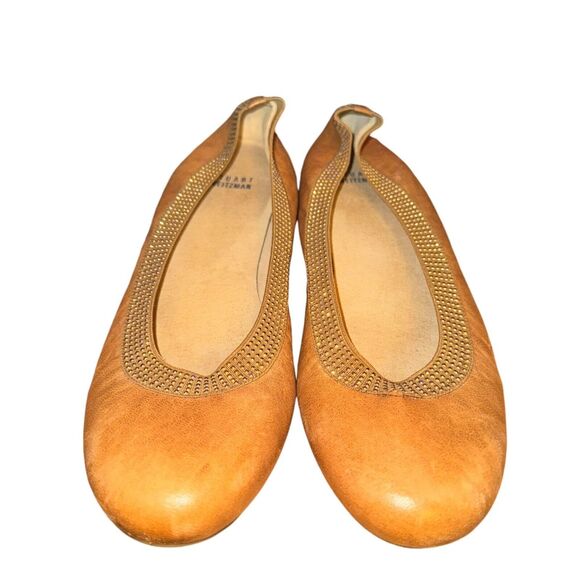 Stuart Weitzman Lastikon Ballet Flats Women's Size 9.5 M Tan Leather Studded - Picture 1 of 9